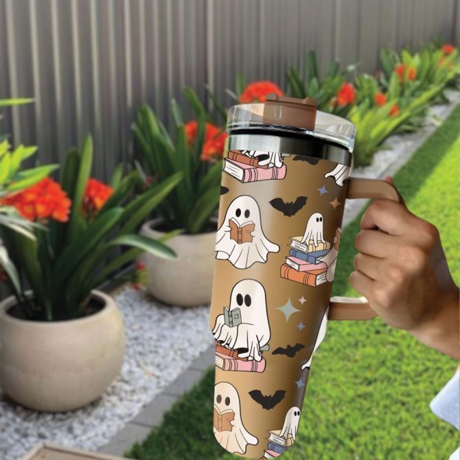 Halloween Cute Ghost Reading Custom Stanley Quencher 40Oz Stainless Steel Tumbler With Handle