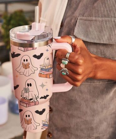 Halloween Cute Ghost Reading Custom Stanley Quencher 40Oz Stainless Steel Tumbler With Handle