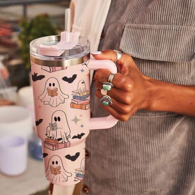 Halloween Cute Ghost Reading Custom Stanley Quencher 40Oz Stainless Steel Tumbler With Handle