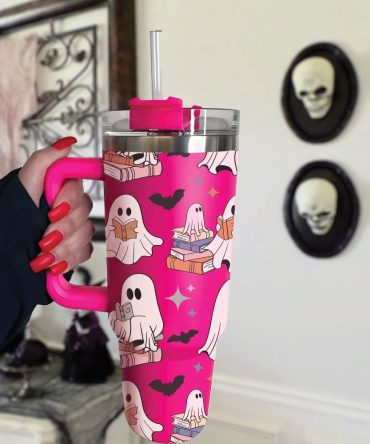 Halloween Cute Ghost Reading Custom Stanley Quencher 40Oz Stainless Steel Tumbler With Handle