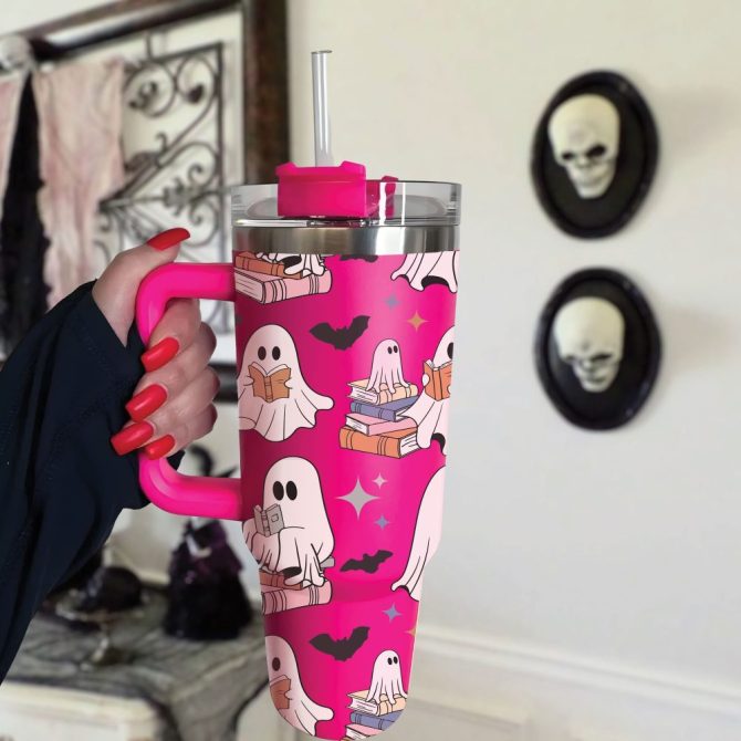Halloween Cute Ghost Reading Custom Stanley Quencher 40Oz Stainless Steel Tumbler With Handle