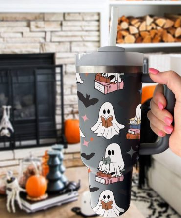 Halloween Cute Ghost Reading Custom Stanley Quencher 40Oz Stainless Steel Tumbler With Handle