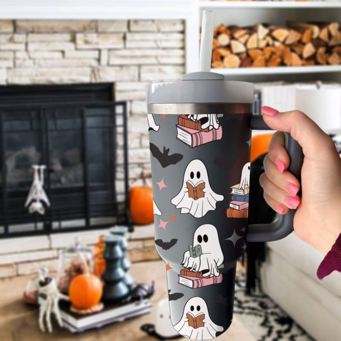 Halloween Cute Ghost Reading Custom Stanley Quencher 40Oz Stainless Steel Tumbler With Handle