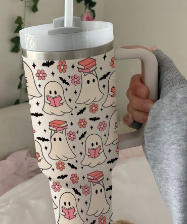 Halloween Cute Ghost Reading Custom Stanley Quencher 40Oz Stainless Steel Tumbler With Handle