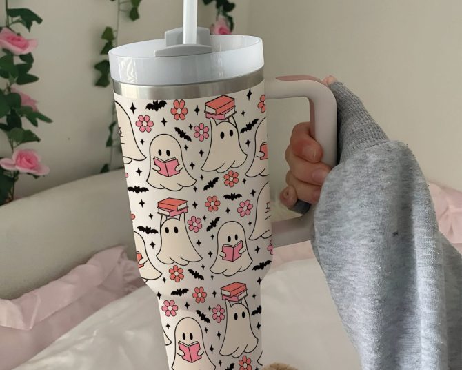 Halloween Cute Ghost Reading Custom Stanley Quencher 40Oz Stainless Steel Tumbler With Handle