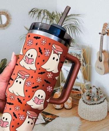 Halloween Cute Ghost Reading Custom Stanley Quencher 40Oz Stainless Steel Tumbler With Handle