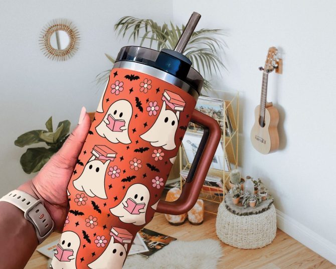 Halloween Cute Ghost Reading Custom Stanley Quencher 40Oz Stainless Steel Tumbler With Handle