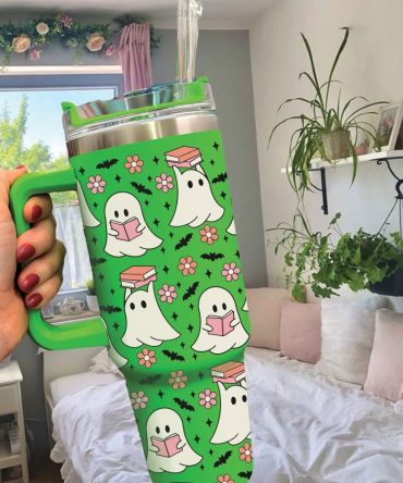 Halloween Cute Ghost Reading Custom Stanley Quencher 40Oz Stainless Steel Tumbler With Handle