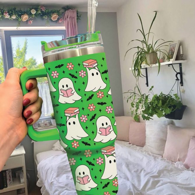 Halloween Cute Ghost Reading Custom Stanley Quencher 40Oz Stainless Steel Tumbler With Handle