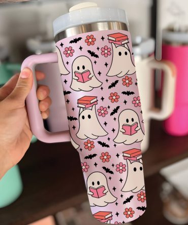 Halloween Cute Ghost Reading Custom Stanley Quencher 40Oz Stainless Steel Tumbler With Handle