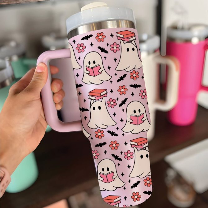 Halloween Cute Ghost Reading Custom Stanley Quencher 40Oz Stainless Steel Tumbler With Handle