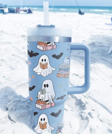 Halloween Cute Ghost Reading Custom Stanley Quencher 40Oz Stainless Steel Tumbler With Handle