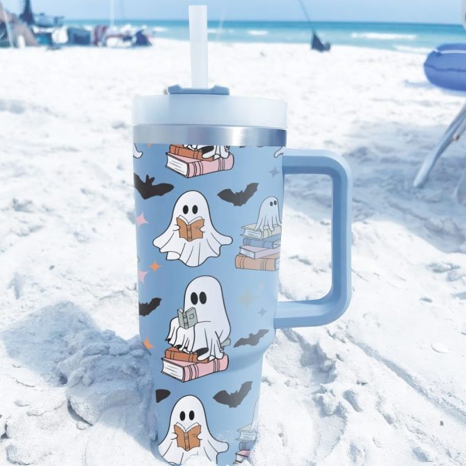 Halloween Cute Ghost Reading Custom Stanley Quencher 40Oz Stainless Steel Tumbler With Handle