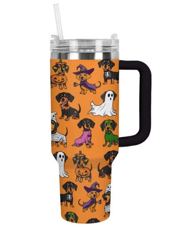 Halloween Dachshund Orange Custom Stanley Quencher 40Oz Stainless Steel Tumbler With Handle