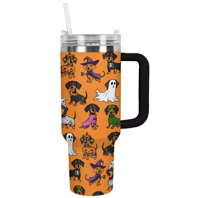 Halloween Dachshund Orange Custom Stanley Quencher 40Oz Stainless Steel Tumbler With Handle