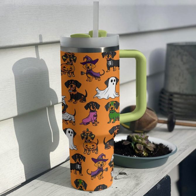 Halloween Dachshund Orange Custom Stanley Quencher 40Oz Stainless Steel Tumbler With Handle - Image 4