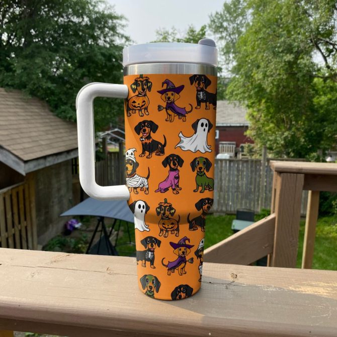 Halloween Dachshund Orange Custom Stanley Quencher 40Oz Stainless Steel Tumbler With Handle - Image 3