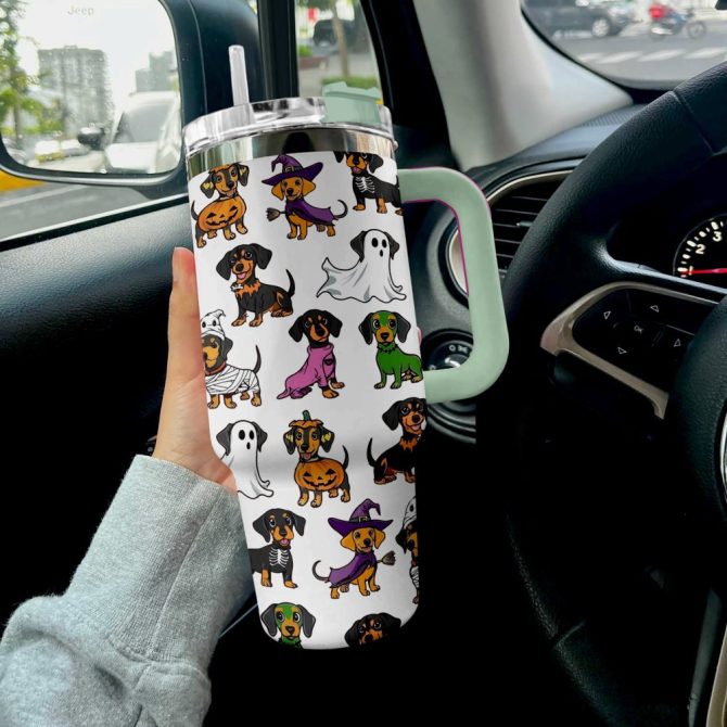 Halloween Dachshund White Custom Stanley Quencher 40Oz Stainless Steel Tumbler With Handle - Image 3