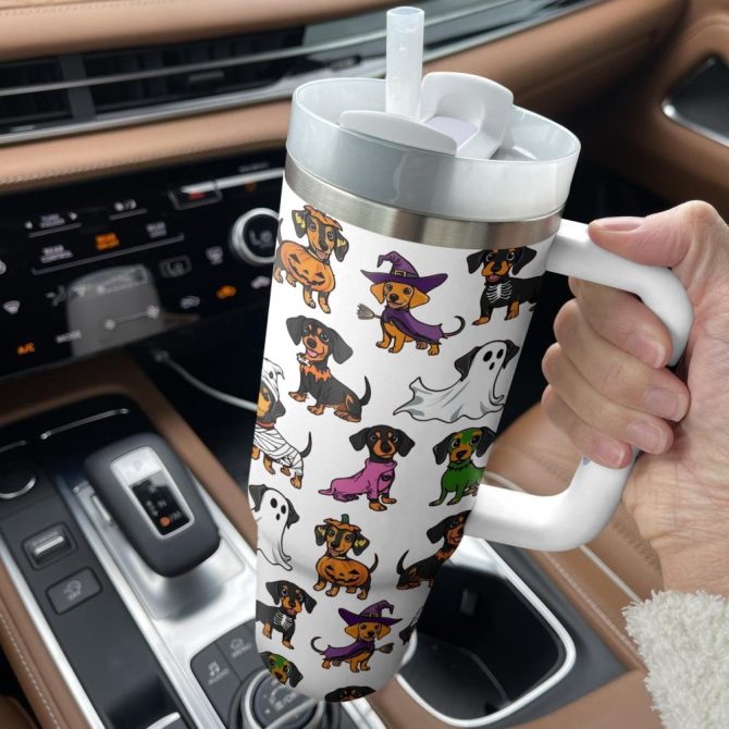 Halloween Dachshund White Custom Stanley Quencher 40Oz Stainless Steel Tumbler With Handle - Image 4