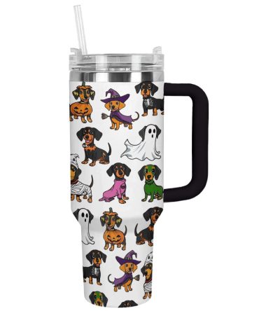 Halloween Dachshund White Custom Stanley Quencher 40Oz Stainless Steel Tumbler With Handle