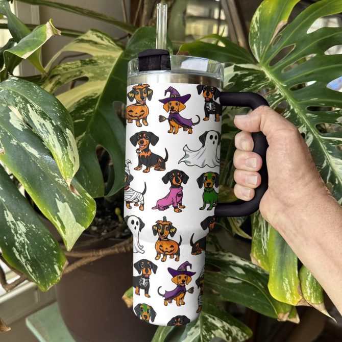 Halloween Dachshund White Custom Stanley Quencher 40Oz Stainless Steel Tumbler With Handle - Image 2