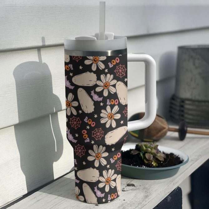 Halloween Daisy Boo Party Custom Stanley Quencher 40Oz Stainless Steel Tumbler With Handle - Image 3