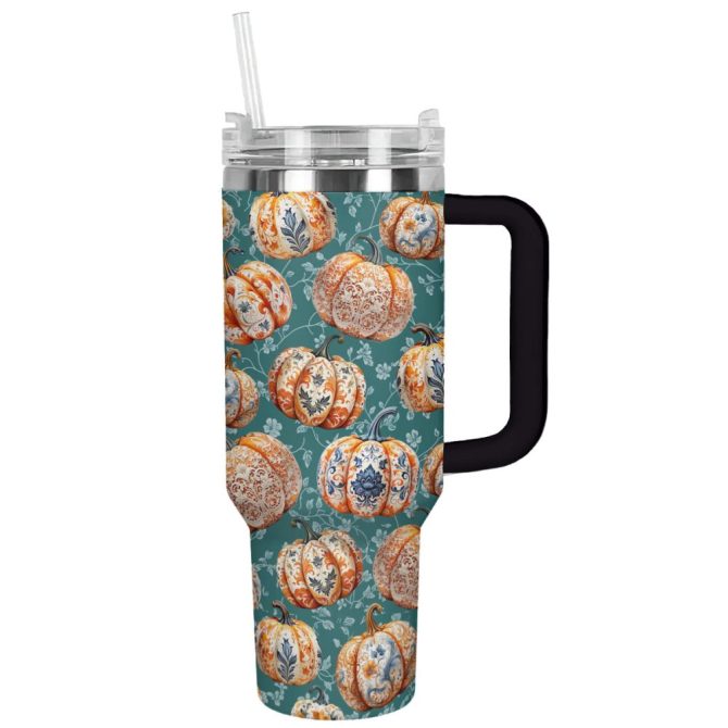 Halloween Elegant Pumpkins Custom Stanley Quencher 40Oz Stainless Steel Tumbler With Handle