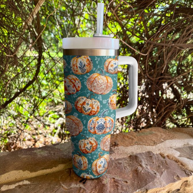 Halloween Elegant Pumpkins Custom Stanley Quencher 40Oz Stainless Steel Tumbler With Handle - Image 3