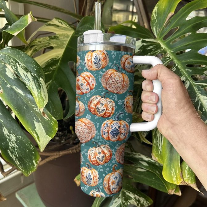 Halloween Elegant Pumpkins Custom Stanley Quencher 40Oz Stainless Steel Tumbler With Handle - Image 2