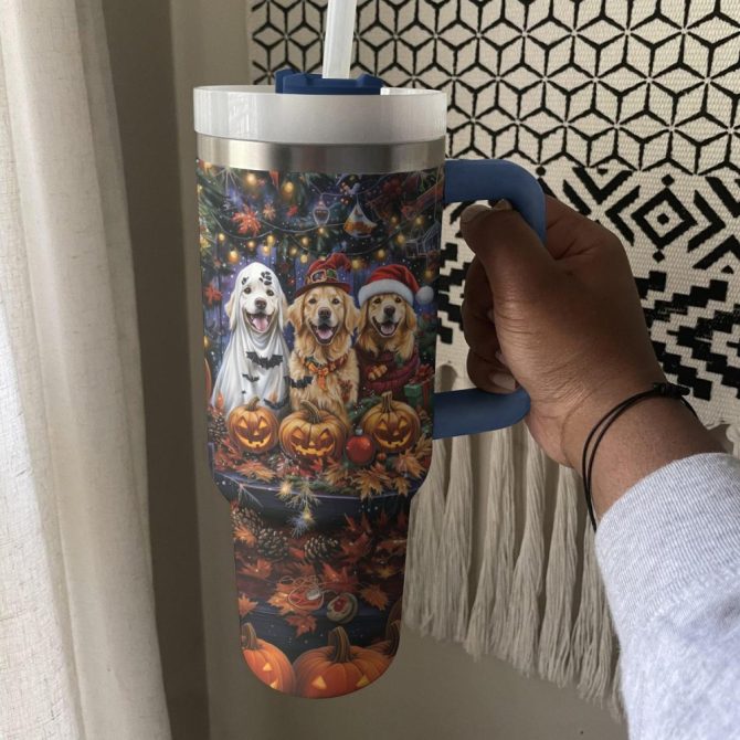 Halloween Festive Golden Retriever Custom Stanley Quencher 40Oz Stainless Steel Tumbler With Handle - Image 4
