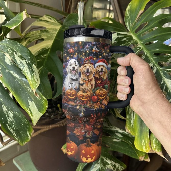 Halloween Festive Golden Retriever Custom Stanley Quencher 40Oz Stainless Steel Tumbler With Handle - Image 2