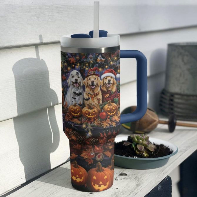 Halloween Festive Golden Retriever Custom Stanley Quencher 40Oz Stainless Steel Tumbler With Handle - Image 3