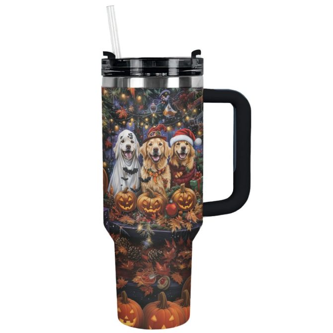 Halloween Festive Golden Retriever Custom Stanley Quencher 40Oz Stainless Steel Tumbler With Handle