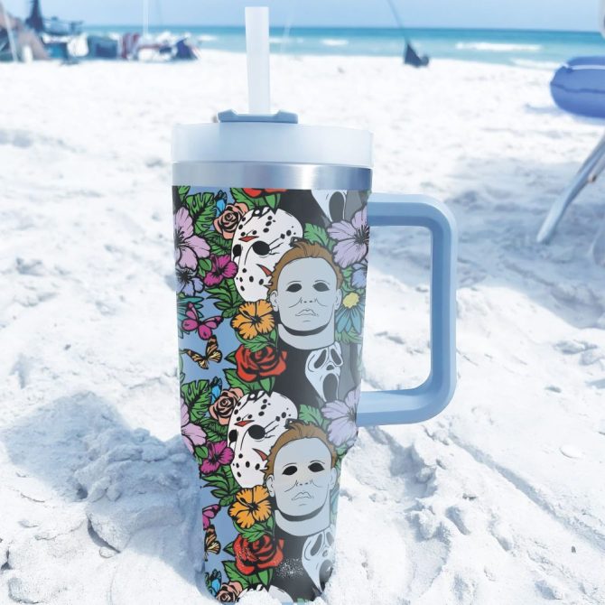 Halloween Floral Horror Custom Stanley Quencher 40Oz Stainless Steel Tumbler With Handle