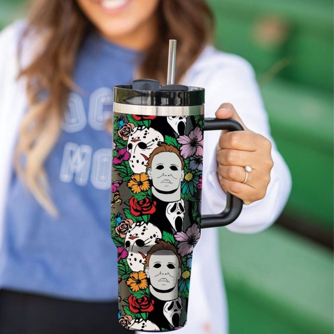 Halloween Floral Horror Custom Stanley Quencher 40Oz Stainless Steel Tumbler With Handle