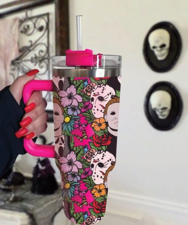 Halloween Floral Horror Custom Stanley Quencher 40Oz Stainless Steel Tumbler With Handle