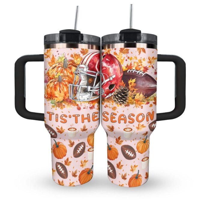 Halloween Football Harvest Huddle Custom Stanley Quencher 40Oz Stainless Steel Tumbler With Handle