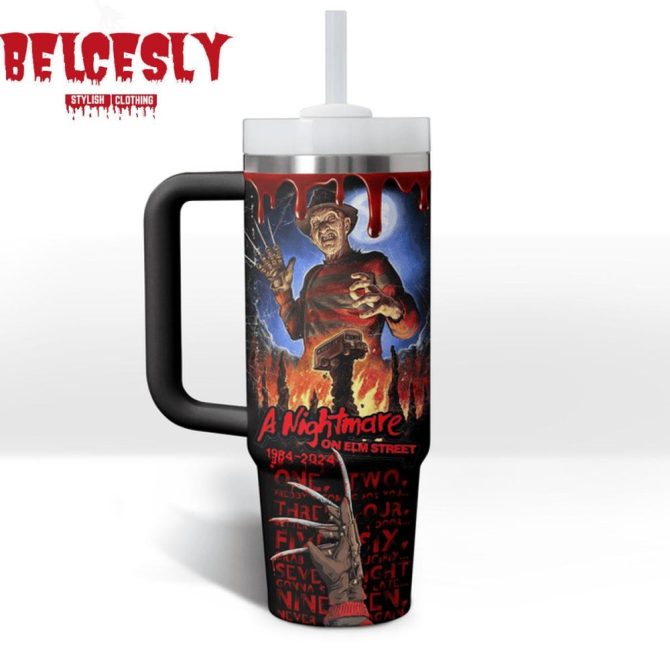 Halloween Freddy Krueger Movies Custom Stanley Quencher 40Oz Stainless Steel Tumbler With Handle - Image 3