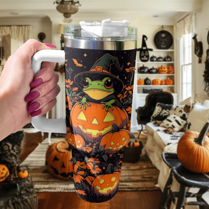 Halloween Frog Garden Custom Stanley Quencher 40Oz Stainless Steel Tumbler With Handle - Image 2