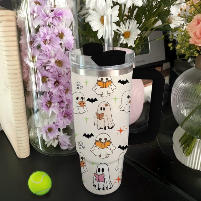 Halloween Ghost Reading Custom Stanley Quencher 40Oz Stainless Steel Tumbler With Handle - Image 4