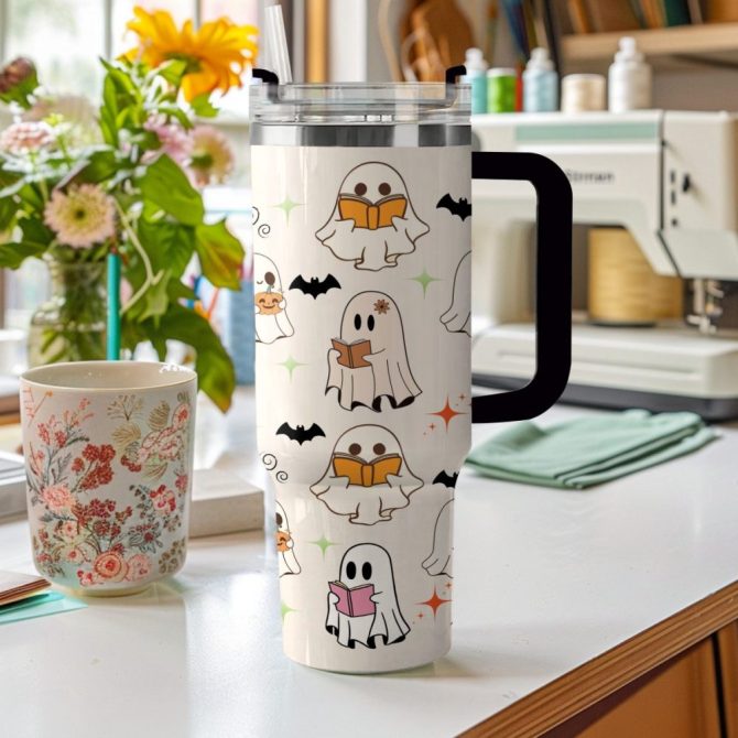 Halloween Ghost Reading Custom Stanley Quencher 40Oz Stainless Steel Tumbler With Handle - Image 3