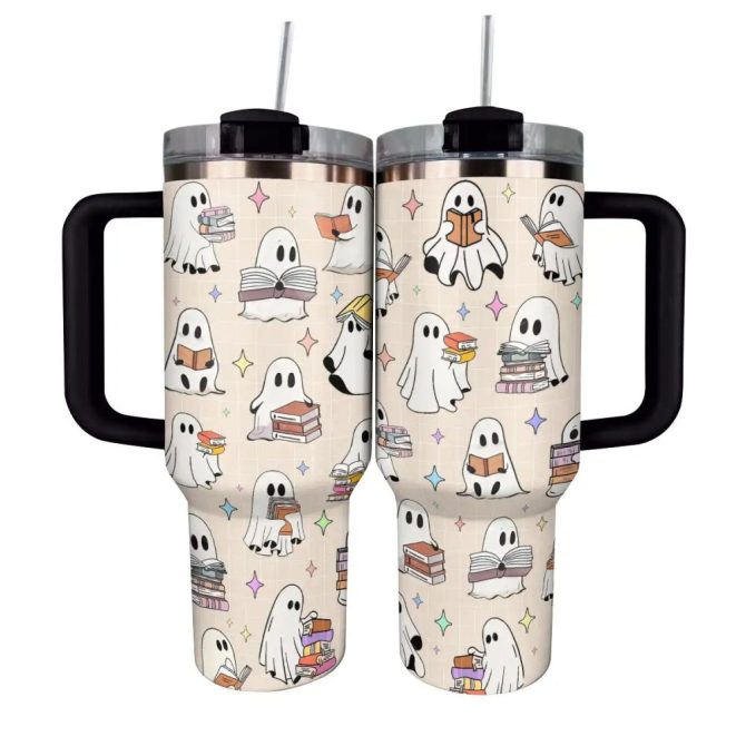 Halloween Ghost Reading Custom Stanley Quencher 40Oz Stainless Steel Tumbler With Handle