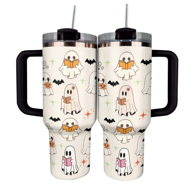 Halloween Ghost Reading Custom Stanley Quencher 40Oz Stainless Steel Tumbler With Handle