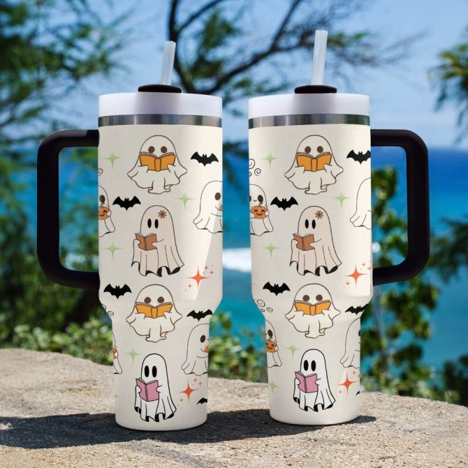 Halloween Ghost Reading Custom Stanley Quencher 40Oz Stainless Steel Tumbler With Handle - Image 2