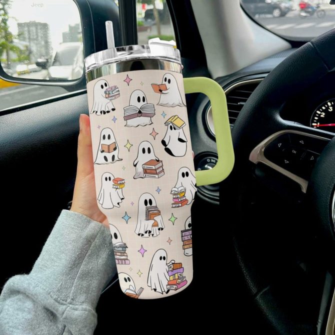 Halloween Ghost Reading Custom Stanley Quencher 40Oz Stainless Steel Tumbler With Handle - Image 2