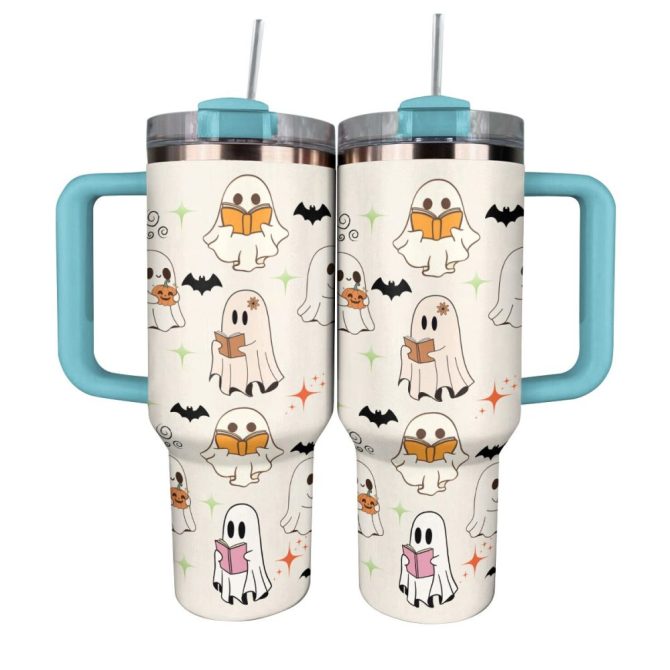 Halloween Ghost Reading Custom Stanley Quencher 40Oz Stainless Steel Tumbler With Handle - Image 12