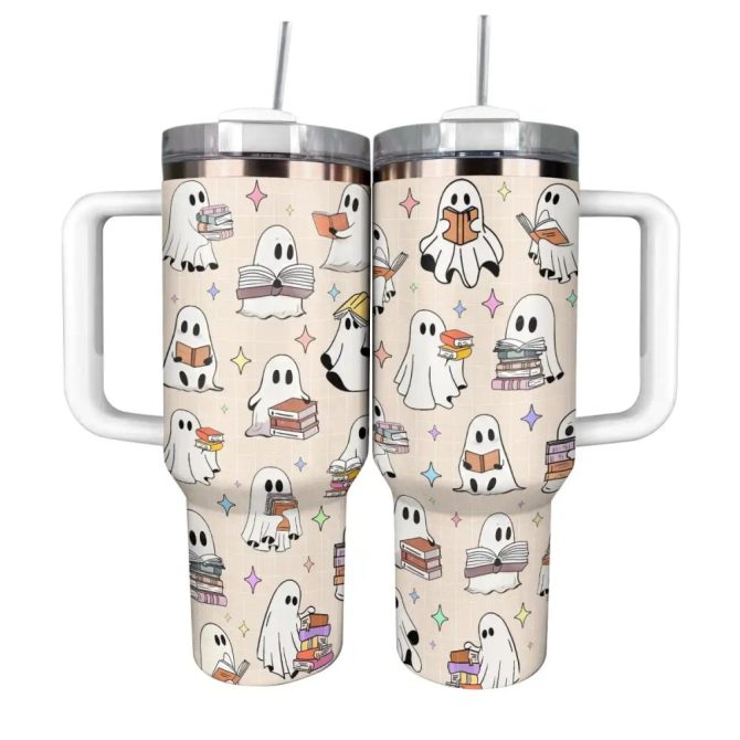 Halloween Ghost Reading Custom Stanley Quencher 40Oz Stainless Steel Tumbler With Handle - Image 11