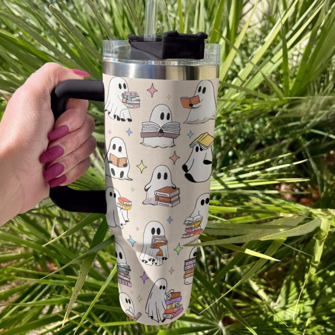 Halloween Ghost Reading Custom Stanley Quencher 40Oz Stainless Steel Tumbler With Handle - Image 4
