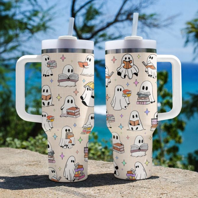 Halloween Ghost Reading Custom Stanley Quencher 40Oz Stainless Steel Tumbler With Handle - Image 3