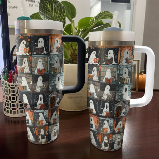 Halloween Ghostly Book Club Custom Stanley Quencher 40Oz Stainless Steel Tumbler With Handle - Image 4